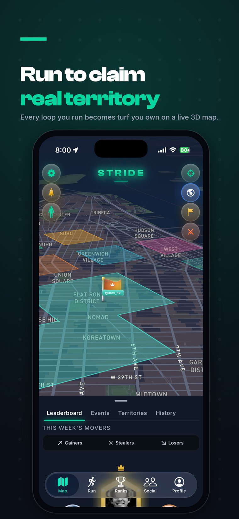 Stride app map screen — your running territory painted mint across a tilted 3D map of Manhattan with rival territories in orange and pink.