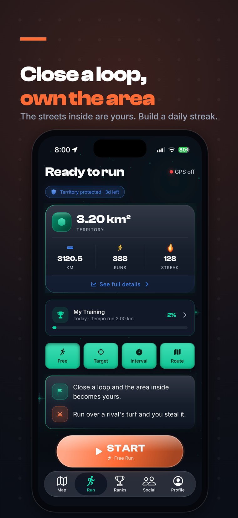 Stride pre-run screen showing 3.20 km² of territory, a 128-day streak, run modes and a big START button.