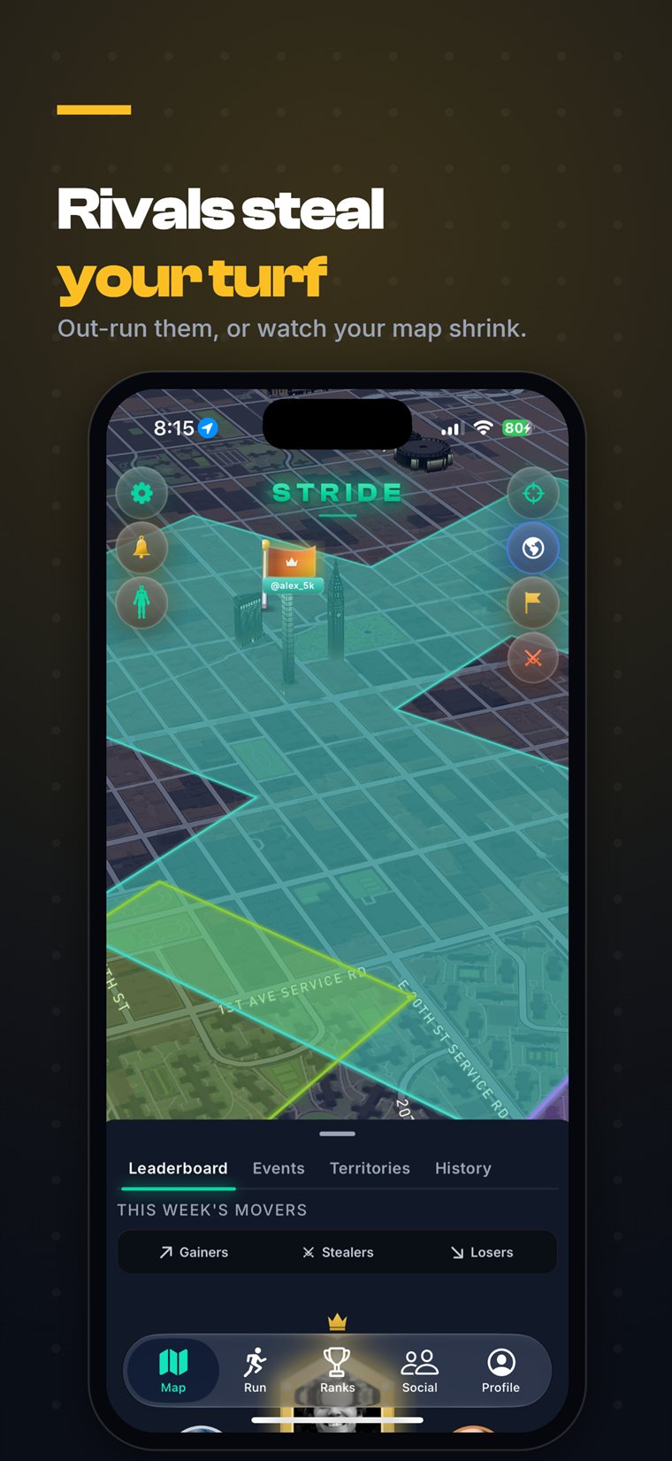 Stride 3D war map where a rival is stealing territory, shown as a shrinking mint area with a yellow contested block.