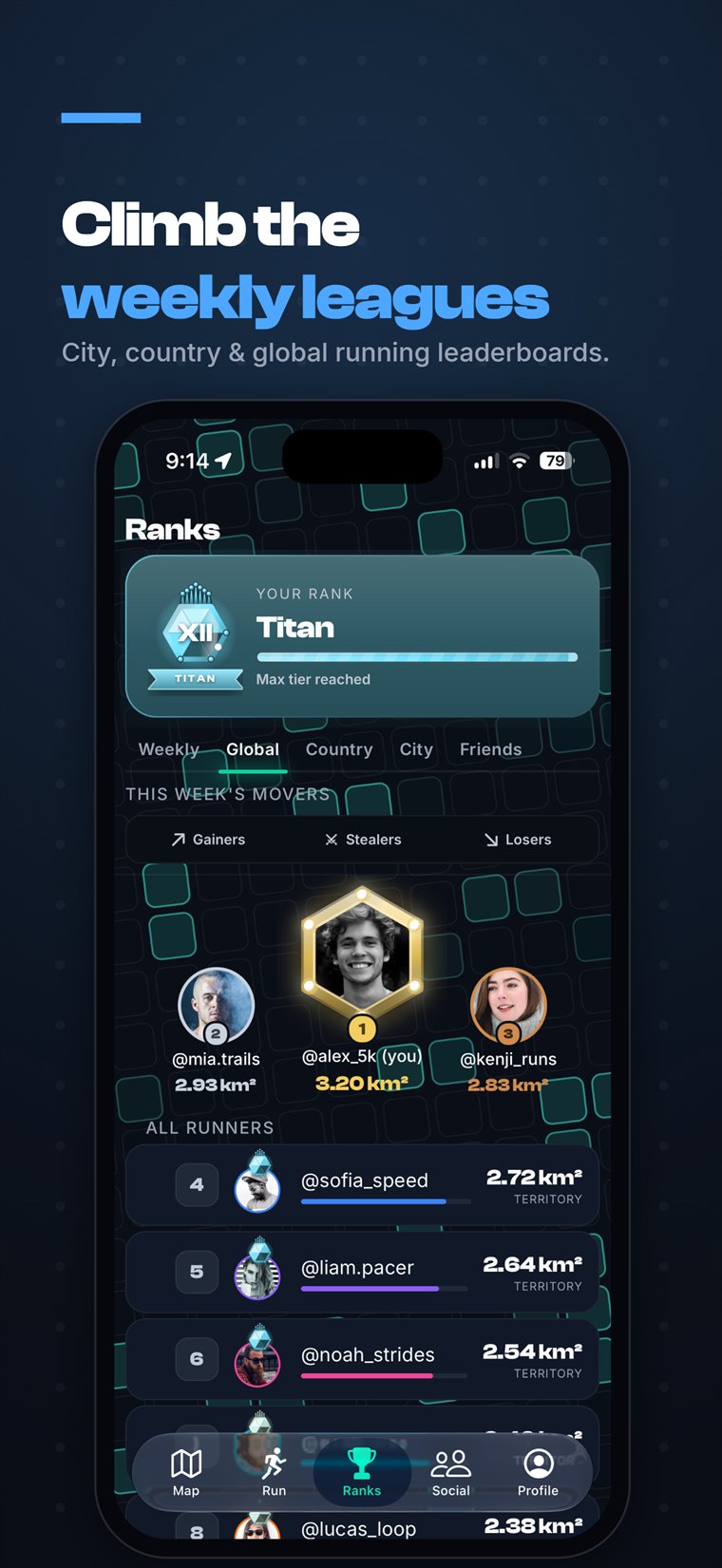 Stride ranks screen with a Titan tier badge and a global leaderboard of runners ranked by territory in km².