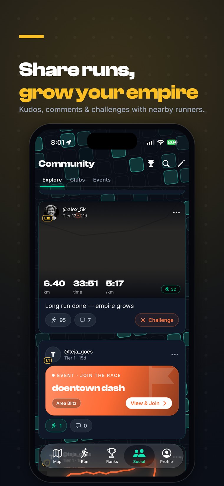 Stride community feed with a shared run, kudos, comments, a challenge button and a live event card.