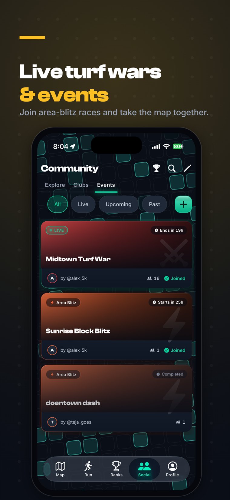 Stride events tab showing live and upcoming area-blitz turf war races you can join.