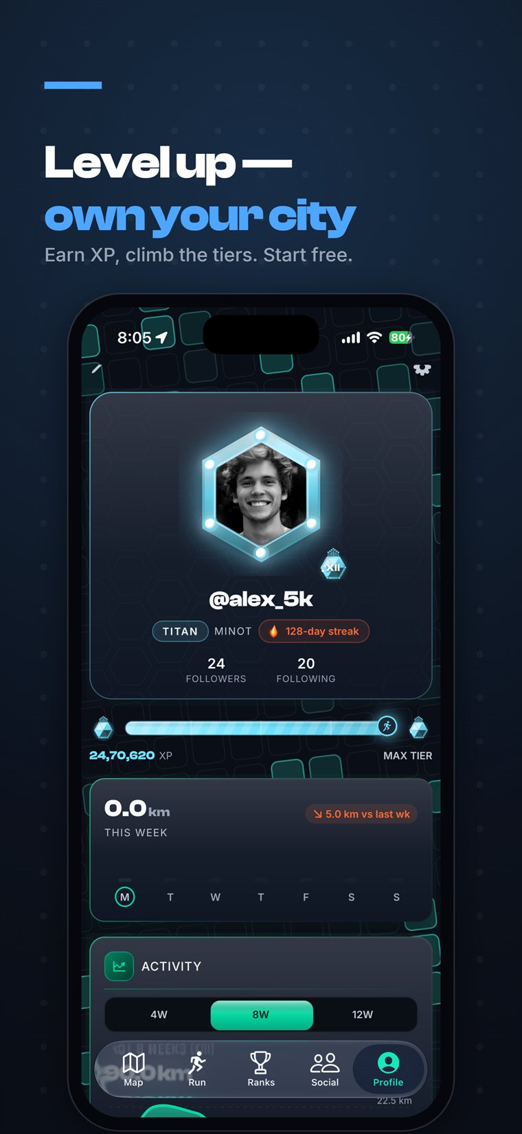 Stride profile with a hex avatar, Titan rank, 128-day streak, XP bar, followers and weekly activity.